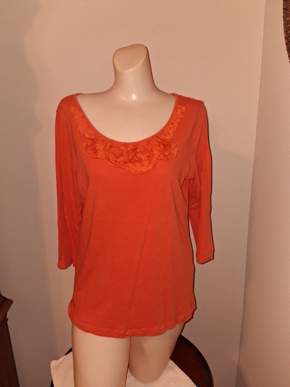 LOFT Orange Scoop Neck Long Sleeve Tee with Floral Trim